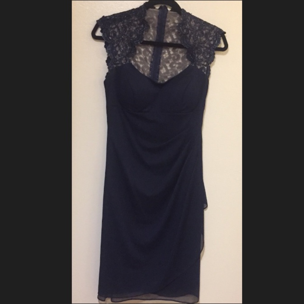 Navy Formal Dress with Sleeveless Lace Bodice